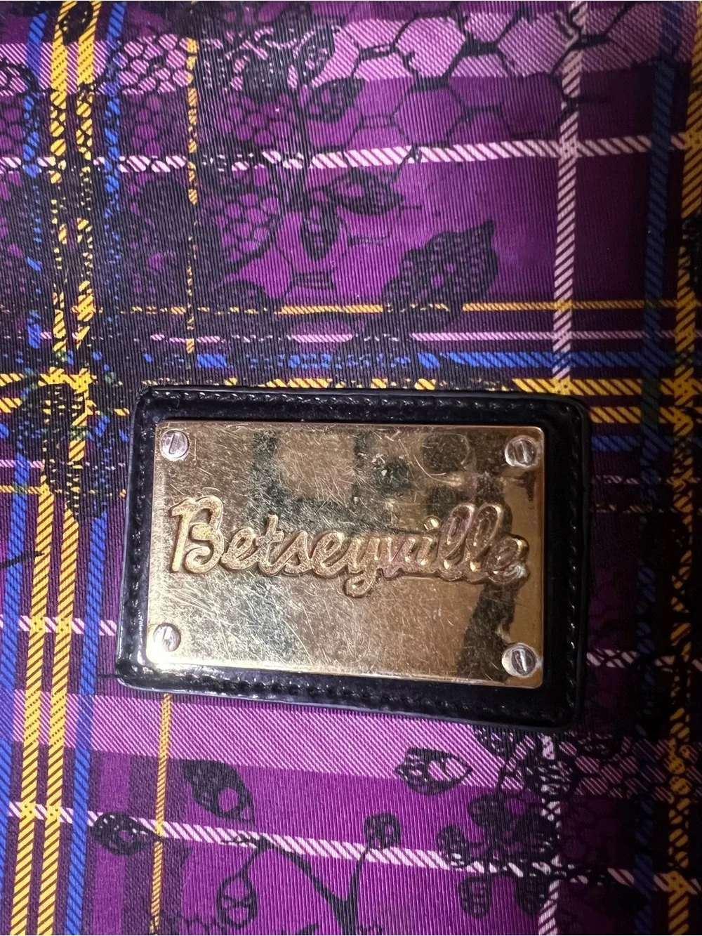 Vtg Betsey Johnson Purple Plaid and Lace design laptop bag with Gold Accents